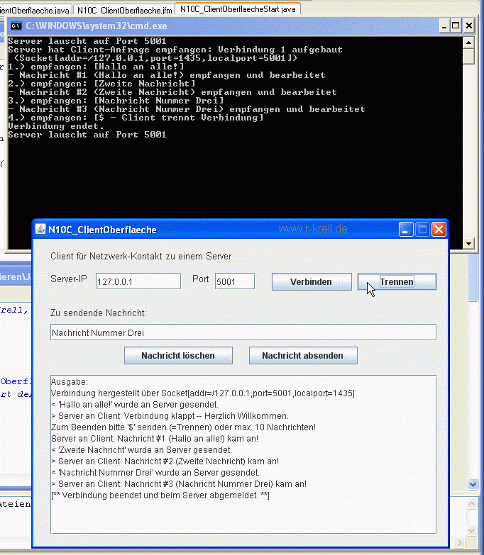 Bildschirmansicht: Server und Client nach kurzem Dialog
