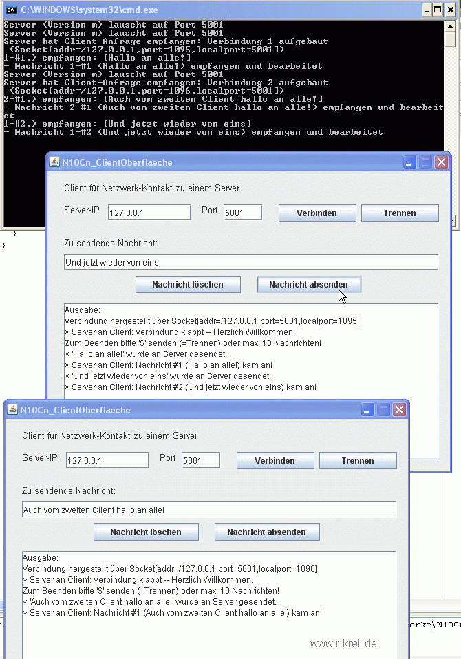 Bildschirmansicht: verbesserte Programme im Test -- Server mit 2 Clients