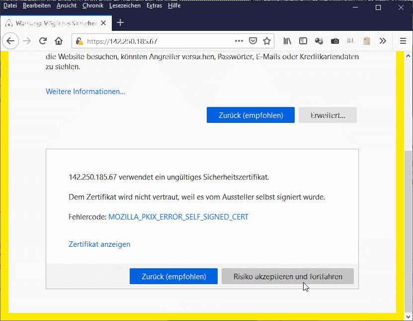 Meldung 2 beim Aufruf einer Zahlenadresse mit Firefox
