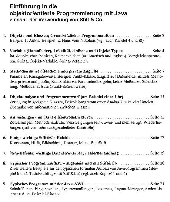 Inhaltsverzeichnis "Einführung in die objektorientierte Programmierung mit Java und Stift & Co" (R. Krell)