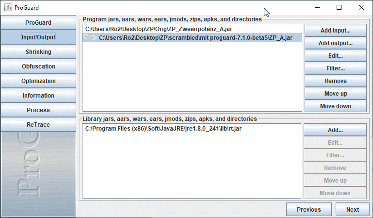 Bildschirmabdruck ProGuard mit Input-Output-Wahl