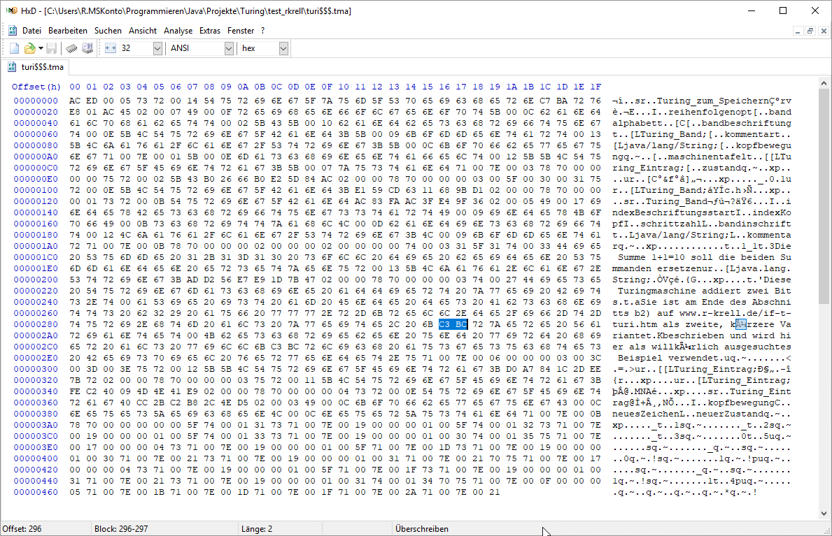 Bildschirmabdruck mit dem Hex-Dump der Datei 'turi$$$.tma'