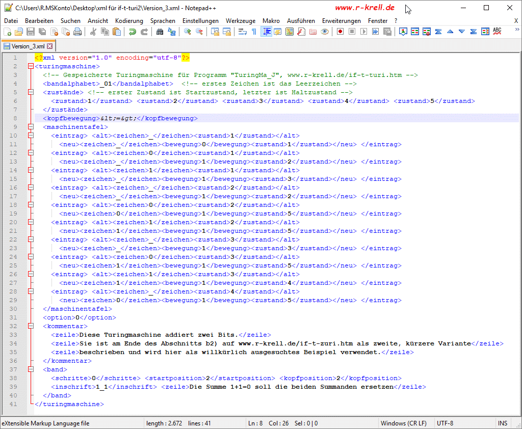 Bildschirmfoto Editpad++ mit dem Text in Version 3 im XML-Format
