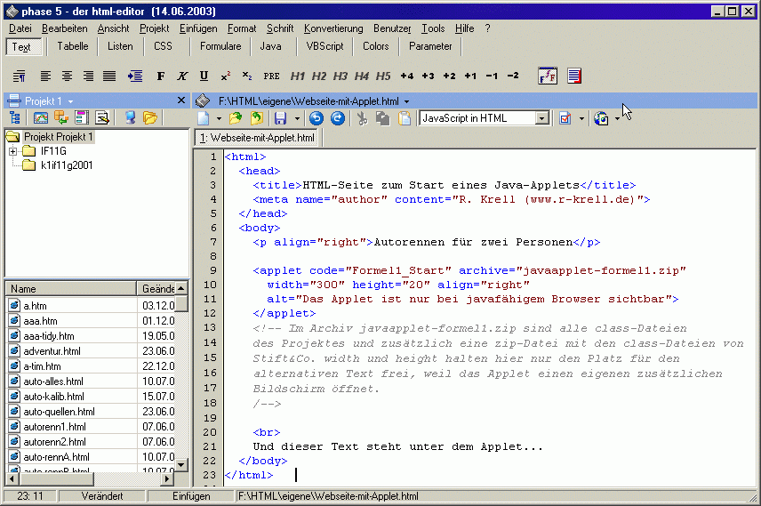 Ansicht HTML-Editor mit Quelltext für Webseite zur Applet-Einbettung