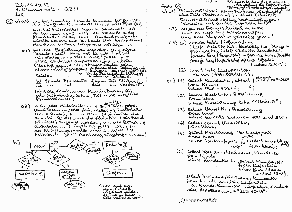 handschriftl. Klausurlösung, Seiten 1 und 2