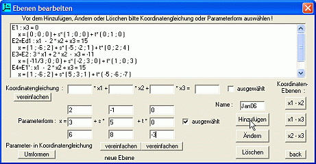 Geo.exe -- Eingabe von Ebenen, hier in Parameterform